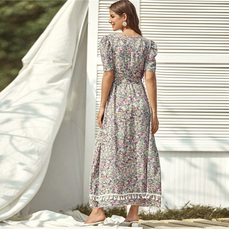 Floral Printed Belted Maxi Dress for Women